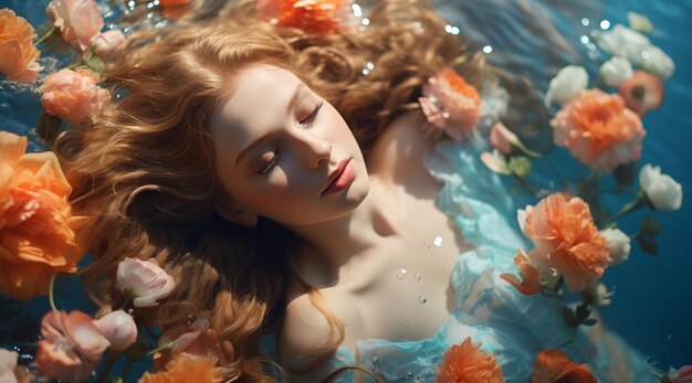 Portrait of a romantic woman underwater with flowers blue water orange yellow flowers