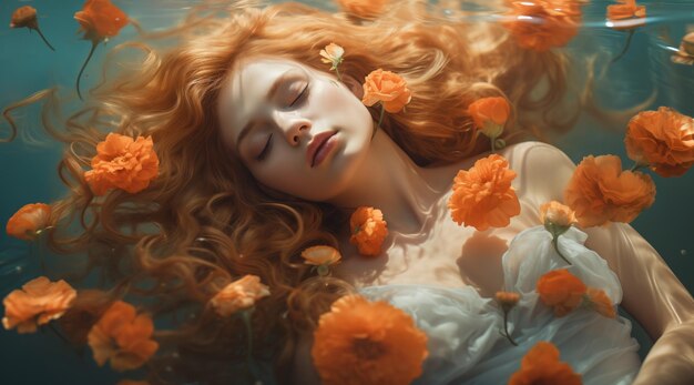 Portrait of a romantic woman underwater with flowers blue water orange yellow flowers