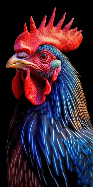 Portrait of a rooster on a black background Closeup