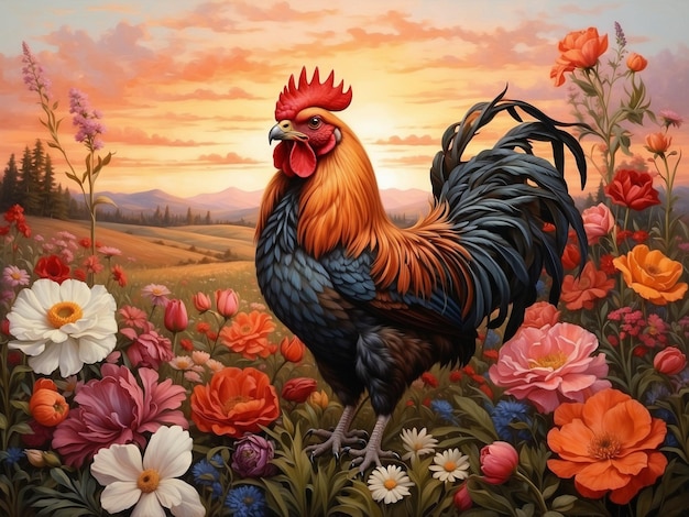 Photo portrait of a rooster and hen in the sunset light