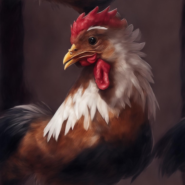 Portrait of a rooster with a red comb on a dark background