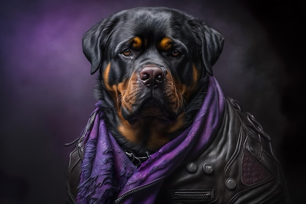 Portrait of a rottweiler dog dressed as a biker