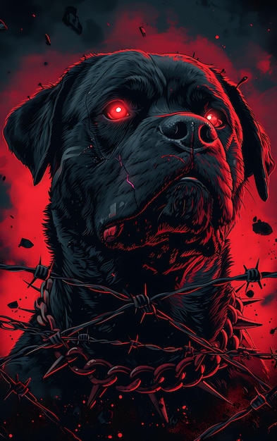 Портрет собаки-ротвейлера с кибернетической челюстью, светящиеся красные глаза и рекламный плакат.