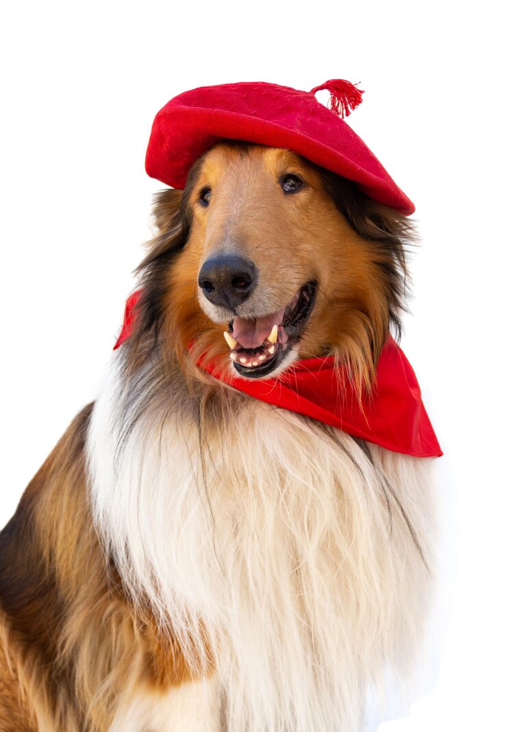 Portrait of rough collie with beret and red scarf San Fermin celebration