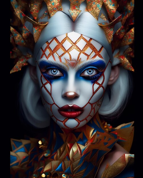 A portrait of a Royal Fantasy Cards Queen with blue makeup and a red and gold pattern on her face