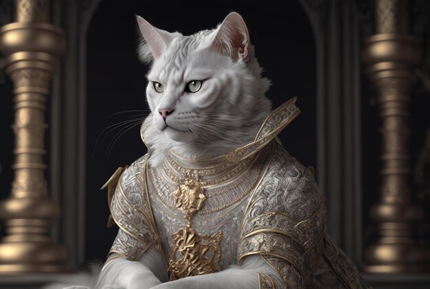 Photo portrait of a royal white cat in royal attire in a grand room