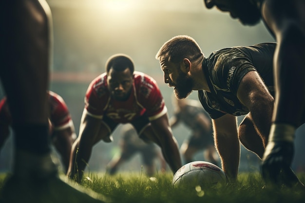 Portrait of rugby player in red jersey looking at camera during game