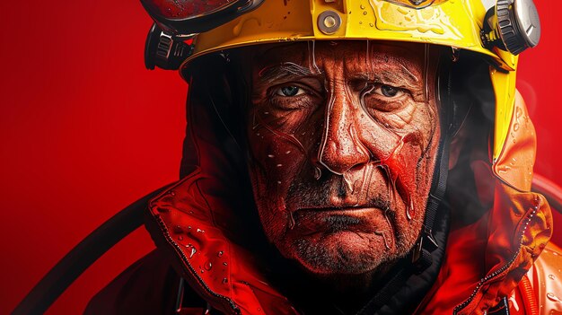 Photo portrait of a rugged firefighter wearing a yellow helmet and protective gear his face is covered in sweat and soot