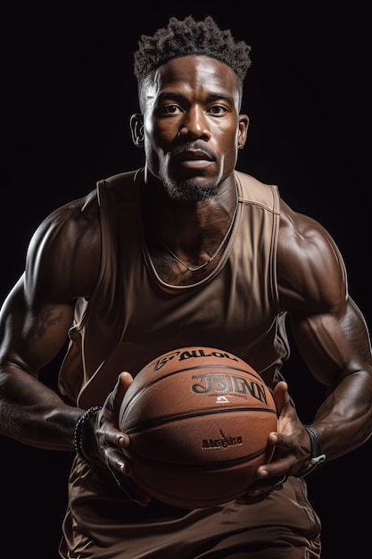 portrait of a running black professional male basketball player with a ball in his hands on a isolated background