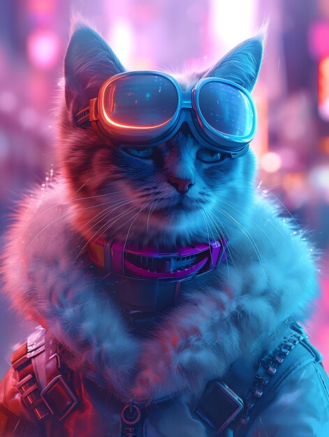 Portrait of russian blue cat with a holographic fur coat and cyberpunk g cyber poster banner flyer