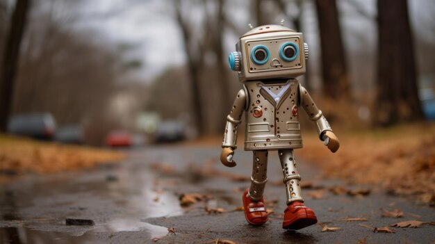 Portrait of rusty vintage robot walking in street photorealistic urban scenes