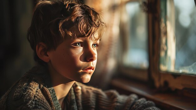 Portrait of sad asian boy sitting near window a poor boy generative ai