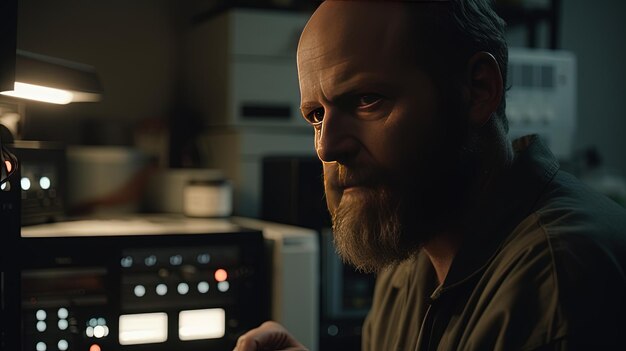 Portrait of sad bearded man working in a dark office at night