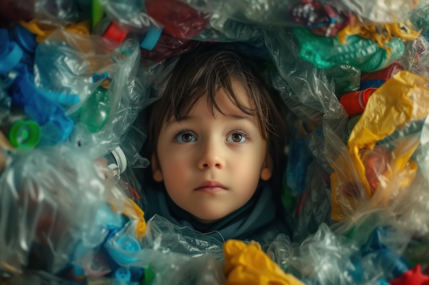 Photo portrait of a sad boy in a pile of garbage looking at the camera the concept highlights the environmental problem of plastic pollution and its impact on children and the planet