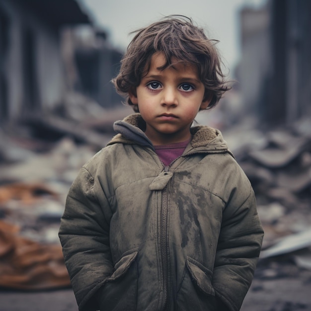 Portrait of a sad child in an abandoned building Child abuse concept