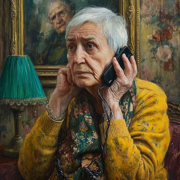 A portrait of a sad and concerned older lady while looking on her smartphone