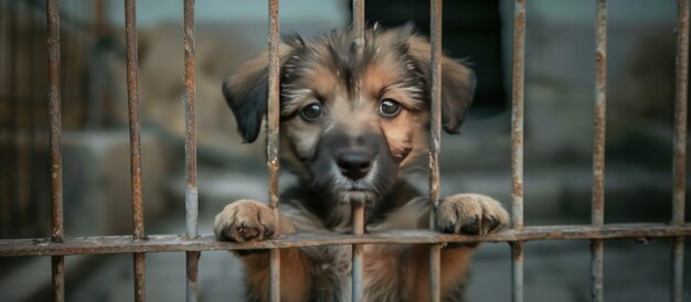 Foto ritratto di un cucciolo di cane triste in un rifugio per cani seduto dietro le sbarre immagine generata da ai