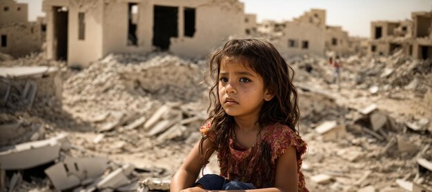 Portrait of a sad girl against the background of destroyed houses in Palestine