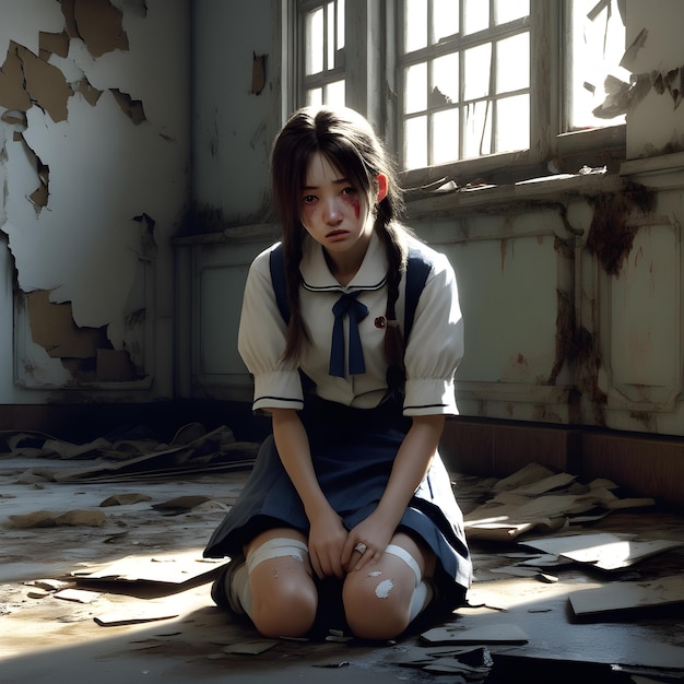 Portrait of a sad girl in school uniform sitting on the floor In an abandoned house generative ai