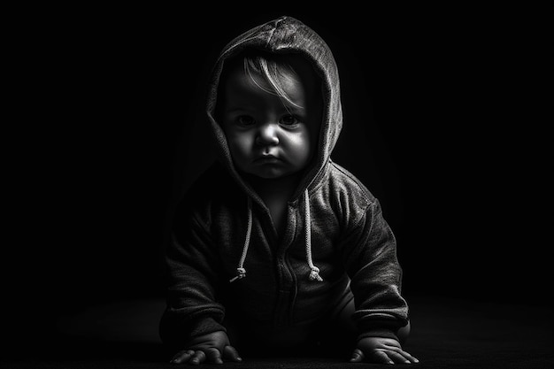 Portrait of a sad little baby on a dark background Black and white photo