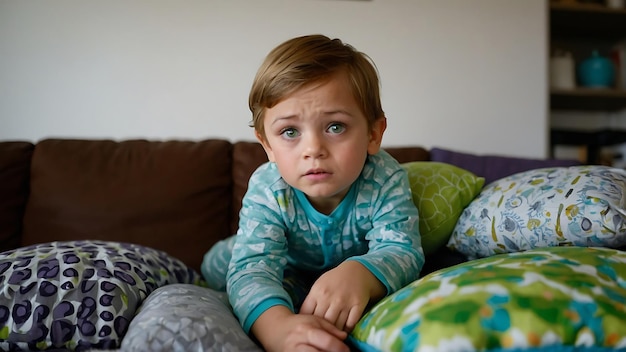 Photo portrait of sad little girl looking at camera while lying on bed at home