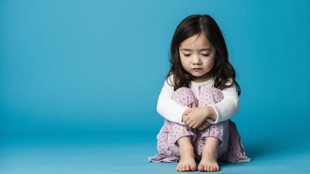 青いスタジオの背景に孤立して座っている悲しい小さな女の子の肖像画 自閉症の気持ち