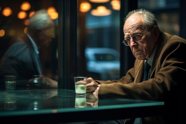 Photo portrait of sad old man with glasses in a bar