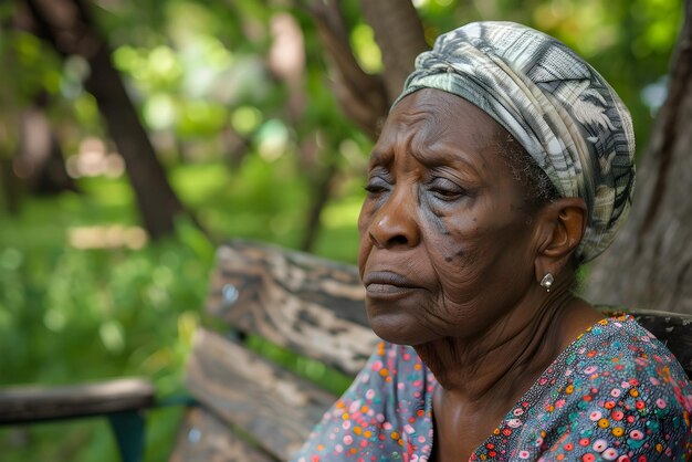 Photo portrait of sad old woman sitting on a bench in a park