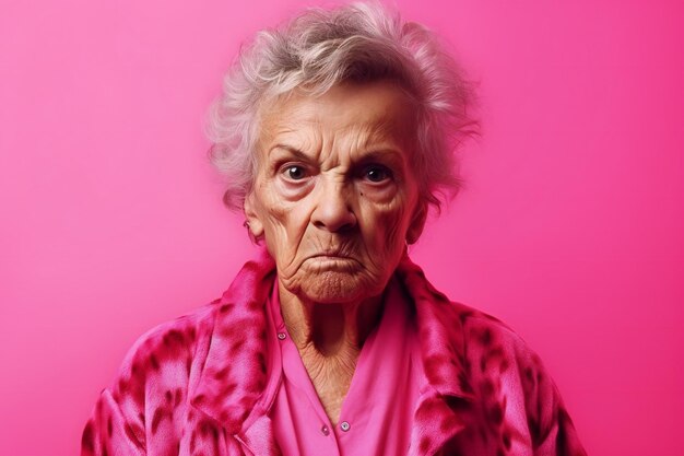 분홍색 배경에서 카메라를 바라보는 슬픈 노인 여성의 초상화