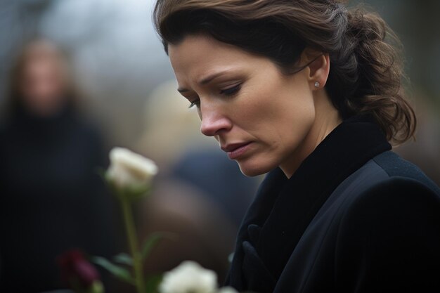 Foto ritratto di una donna triste con un bouquet funebre di fiori