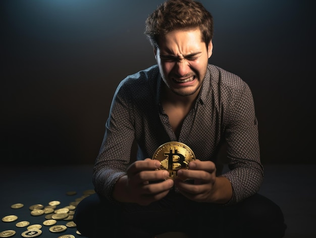 Portrait of a sad young man failing bitcoin lost cryptocurrency concept