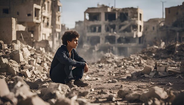 Portrait of a sad young man sitting on the ruins of an old building