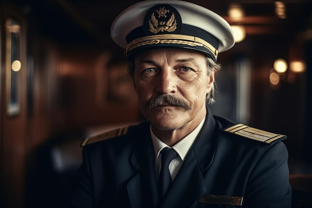 Portrait of sailor captain of ship in interior of a cruise boat Generative AI