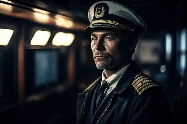 Foto ritratto del capitano della nave marinaio in uniforme nella cabina della barca da crociera ia generativa