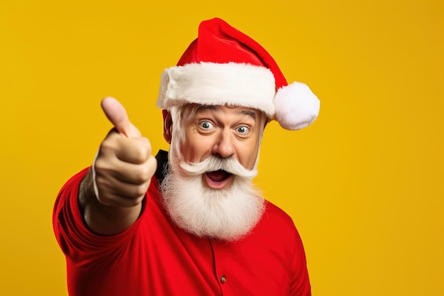 Portrait of santa claus showing thumbs up isolated on yellow background