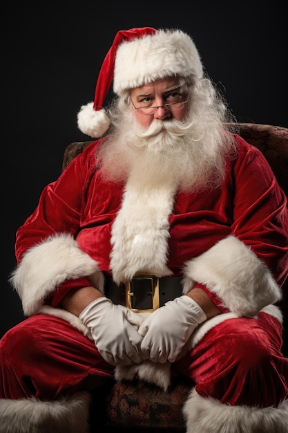 Portrait of a Santa Claus sitting despondent sad and upset looking at camera