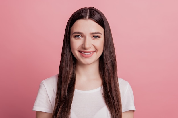 Portrait of satisfied girl happy positive smile wear casual style isolated over shine color background