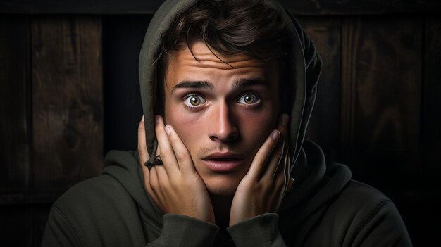 portrait of a scared male with a hood