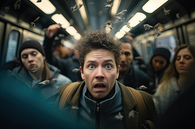 출퇴근 시간에 바쁜 지하철 통근을 하는 배경 인물과 함께 지하철 차 안에 있는 겁에 질린 남자의 초상화 AI 생성