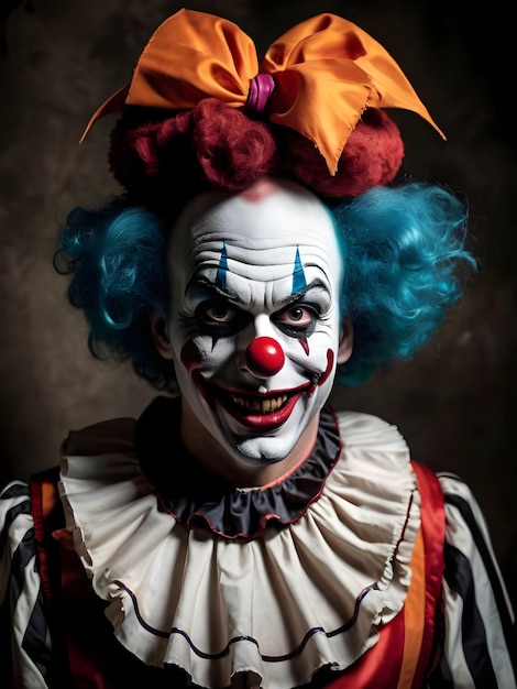 Портрет страшного клоуна на темном фоне Обои для рабочего стола Хэллоуина