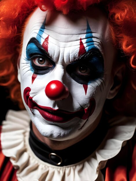 Photo portrait of a scary clown on a dark background halloween background wallpaper