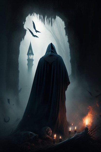 portrait of a scary dementor from Harry Potter above a pile of corpses dark and scary night reali