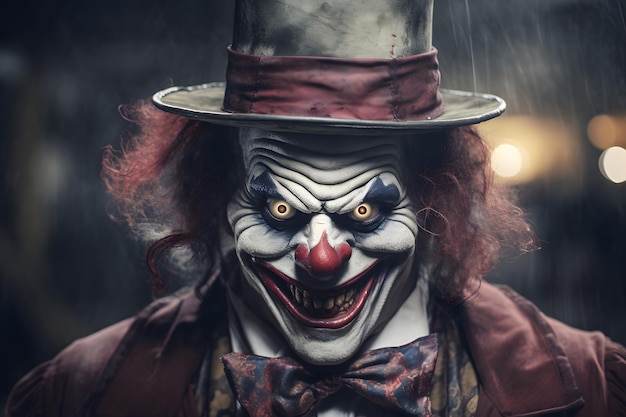 Portrait of scary spooky clown monster from horror movie with vintage circus on background