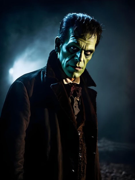 Photo portrait of a scary victor frankenstein man on a dark background halloween