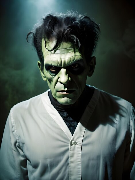 Portrait of a scary victor frankenstein man on a dark background halloween