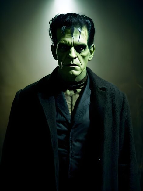 Photo portrait of a scary victor frankenstein man on a dark background halloween