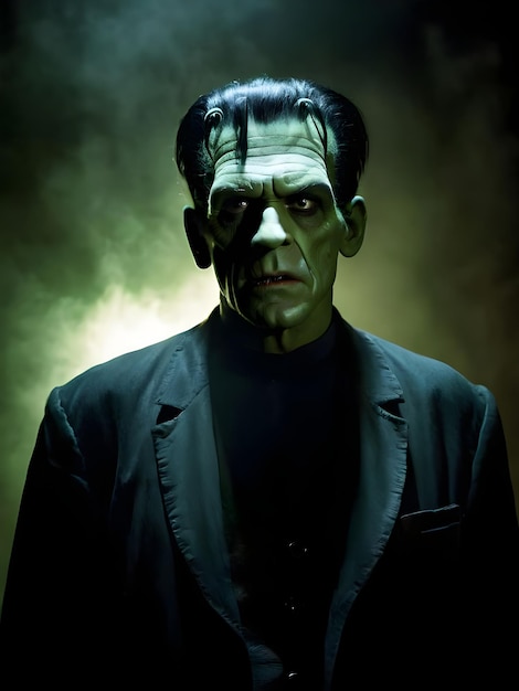 Photo portrait of a scary victor frankenstein man on a dark background halloween