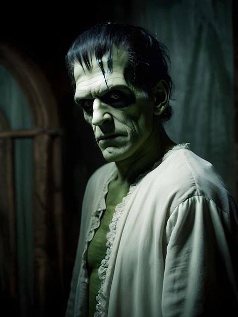 Portrait of a scary victor frankenstein man on a dark background Halloween