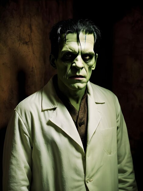 Portrait of a scary victor frankenstein man on a dark background Halloween