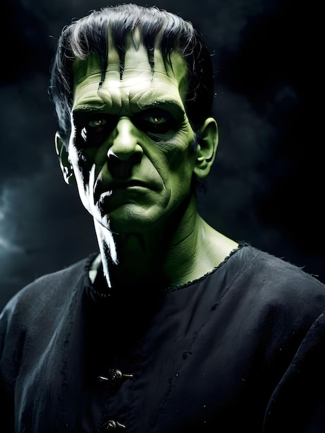 Photo portrait of a scary victor frankenstein man on a dark background halloween